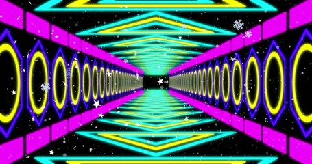 Fototapeta premium Glowing neon tunnel drawing viewer into sci-fi corridor, with concentric rings and chevrons