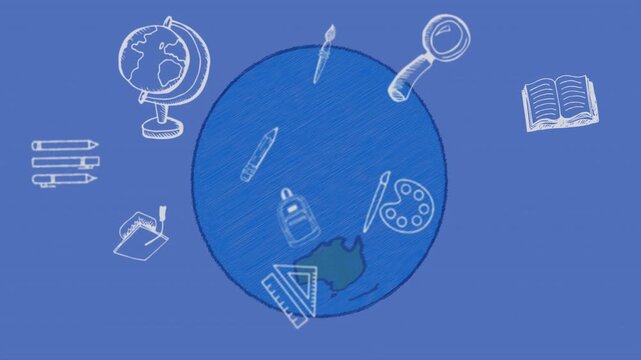 On play, blue globe rotating, revealing school icons orbiting and clustering to showcase education