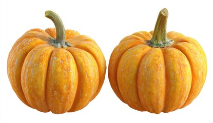 Fototapeta premium Two vibrant orange pumpkins isolated on white background for harvest theme