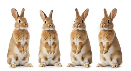 Obraz premium Four cute brown rabbits sitting in a row on white background