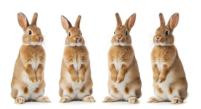 Four cute brown rabbits sitting in a row on white background