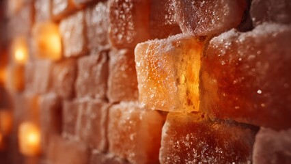 A close-up view of a textured salt wall with warm lighting