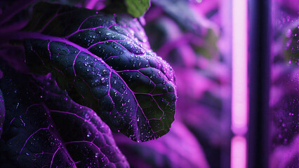 A close-up view of vibrant purple leaves in a modern indoor garden