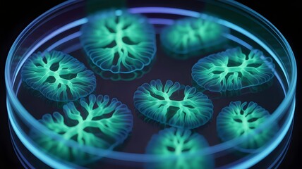 A glowing green microscopic view of cells in a petri dish