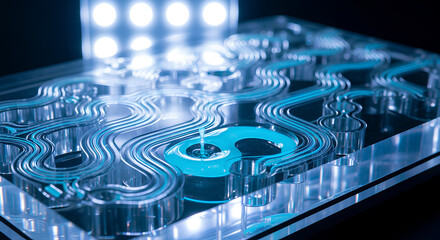 A futuristic electronic circuit board with glowing blue lights and pathways