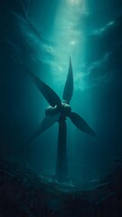 An underwater view of a tidal turbine in the ocean