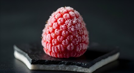 A frozen raspberry sits on a black and white stone slab