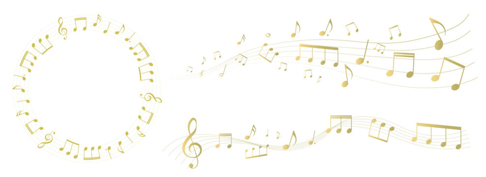 ゴールドの遠近感のある楽譜のフレームイラスト　五線譜　背景イラスト　音符、休符、音楽記号のイラスト