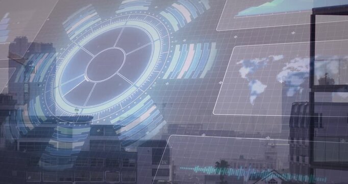 Signal activating circular HUD rotating lighting rings defining map and waveform showing city data