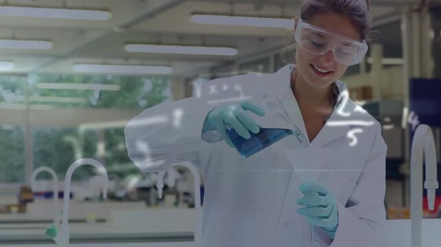 Researcher tipping conical flask and pouring blue solution at bench, checking while equations hover