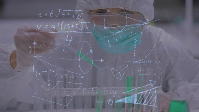 Female lab technician leaning, reaching tubes and pipetting, causing schematic overlay for research