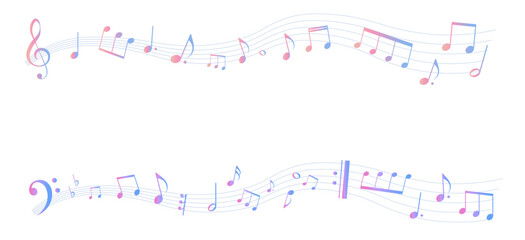 カラフルな遠近感のある楽譜のフレームイラスト　五線譜　背景イラスト　音符、休符、音楽記号のイラスト