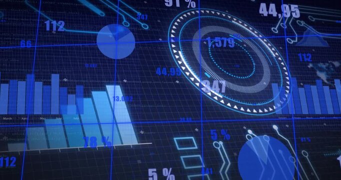On data update hologram dashboard raising bars, rotating gauge, updating percentages to show trends