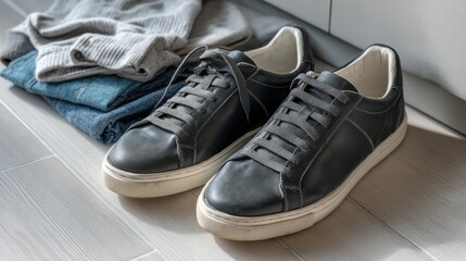 Black leather sneakers sit next to folded jeans and sweater on a wooden floor in natural light
