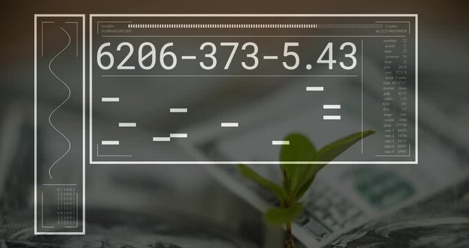 Wireframe opening, HUD overlay cycling numbers over seedling and blurred bills, showing growth data
