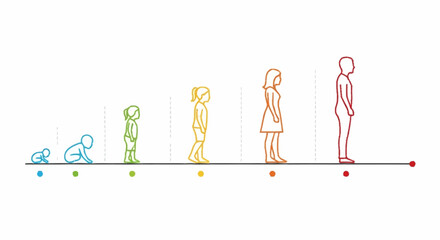 Human growth stages from infancy to adulthood illustrated timeline.