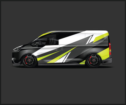Side view of a black van with white and yellow racing stripes