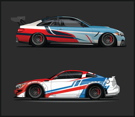 Two racing cars with red white and blue designs side view
