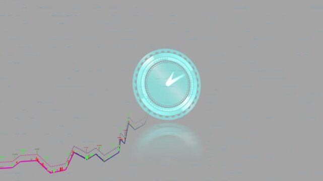 Cyan circular dial pulsing and rotating rings as colorful chart peak reaching dial, showing trends