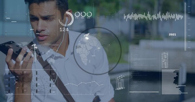 Man walking plaza speaking into phone initiating tech HUD animating map rings charts awaiting reply