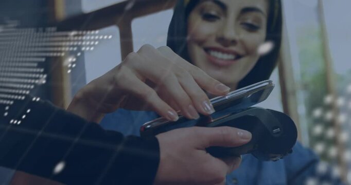 Woman bringing phone to POS, tapping reader with clerk holding, code map overlay guiding payment