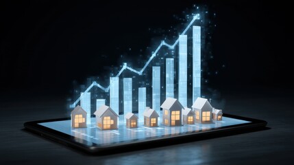 Fototapeta premium Digital representation of real estate growth with miniature houses and upward trend graph glowing on a tablet, showcasing property investment and market analysis concepts.