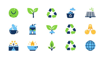 Collection of eco-friendly icons representing sustainability and green energy concepts in a modern flat design style