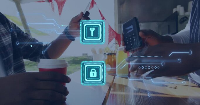 Customer extending card, vendor holding POS and phone, animated key-lock overlay securing payment