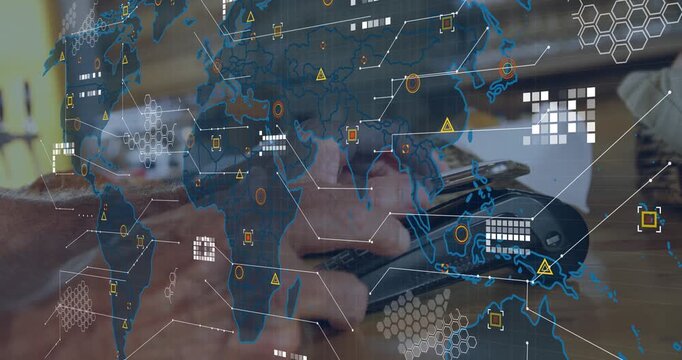 Senior man hovering phone over POS, completing NFC payment while animated map growing over hands
