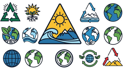 Collection of eco-friendly icons representing earth, nature, and sustainability in a clean and modern style © Mourning