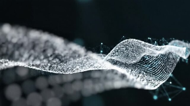 Abstract wave of white particles and blue interconnected nodes against black