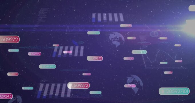 Purple stars appearing causing tags, icons drifting left spawning, fading, showing data right flare