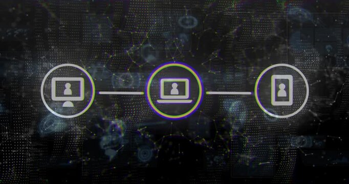 3-node network forming, monitor appearing, laptop linking phone with pulsing ring showing data flow