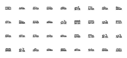 Transport icon set. Vector vehicles collection. Includes train, car, bus, vespa, minibus, camper. Editable stroke line illustration.