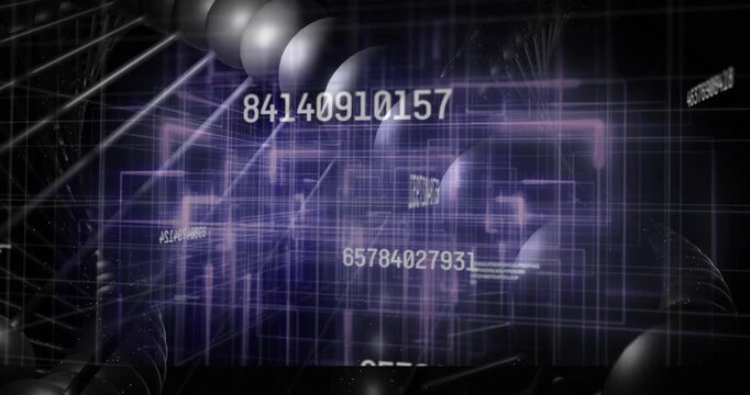 Purple wireframe grid sharpening, camera moving forward revealing numeric strings and metal spheres