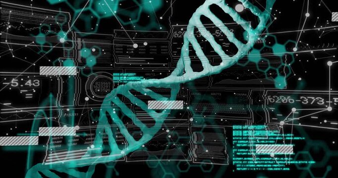 Cyan helix entering lower-left, rotating, code scrolling and glitch bars shifting, visualizing data