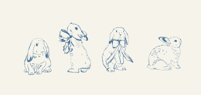 Bunny with ribbons. sketch set. Vintage style engraved pencil drawings of Easter rabbits or hare. Doodle illustration. Easter bunny with ribbons. Cute fluffy animals sitting and standing. Hand drawn