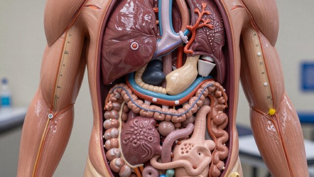 Highly detailed realistic anatomical model human body specifically torso internal organs smooth glossy finish reflects light giving lifelike appearance structure