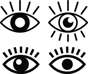 Four black and white stylized eye with radiating lines depicting light or vision eyes iconography