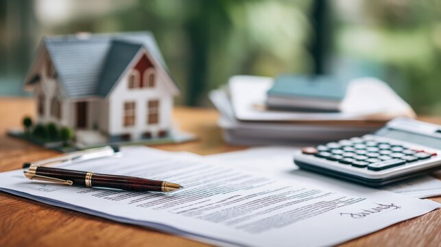 A Homeowner's Desk with a Miniature House Model, Mortgage Documents, and a Calculator for Financial Planning and Real Estate Investment Decisions in a Bright Setting
