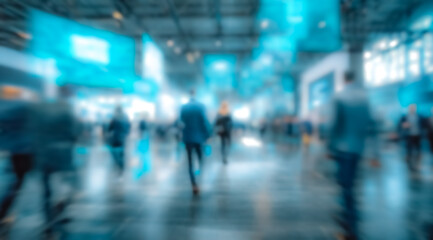 Fototapeta premium A high quality blurred scene shows people mingling at a networking event in a bright modern conference hall with soft architectural lighting.