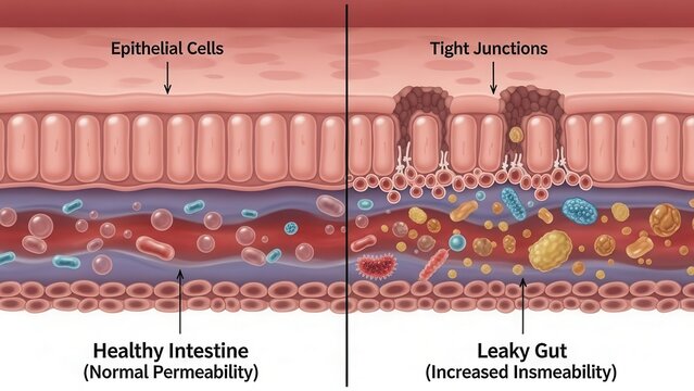 Comparison of healthy intestine and leaky gut barrier function
