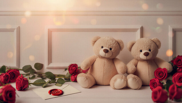 Dos tiernos osos de peluche sobre un suelo blanco rodeados de rosas rojas, junto a una carta con sello de lacre bajo una luz suave.