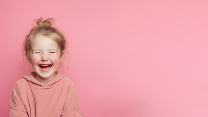 Laughing joyfully little girl expressing pure joy, individuality, emotional freedom, childhood, diversity, positive emotional. Happy child portrait. Soft pink background. Copy space. Banner template.