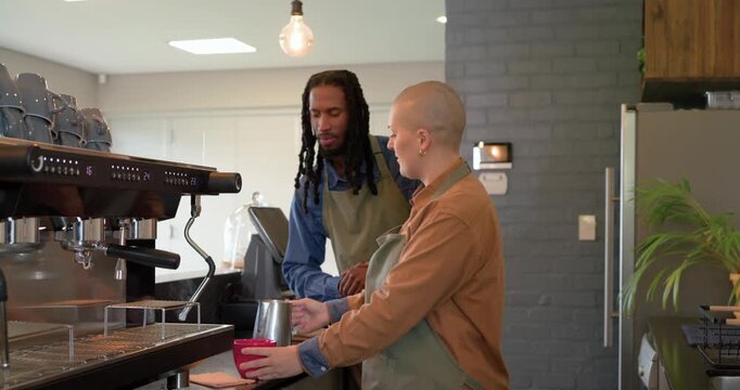 After colleague cue diverse baristas pulling espresso, frothing and pouring latte at espresso bar