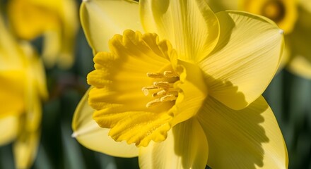 A vibrant yellow daffodil flower in full bloom, captured in a close-up view amidst a blurred garden background
