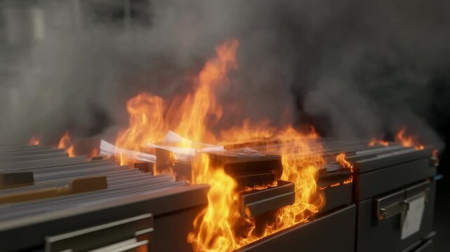 Close-up of a filing cabinet with documents catching fire, flames spreading dangerously