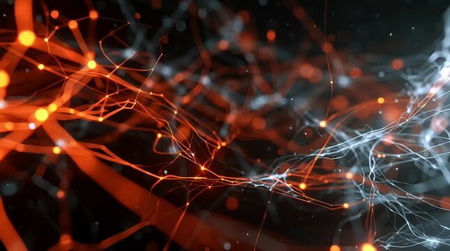 Abstract flowing lines of bright orange light with glowing nodes and particles on a dark, smoky background