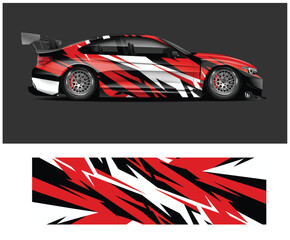 Red and white abstract design on a sports car and closeup