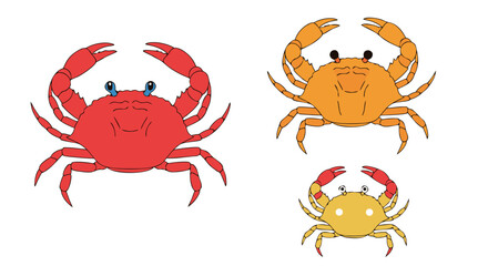 Fototapeta premium Collection of three cute cartoon-style crabs in red orange and yellow isolated on white background